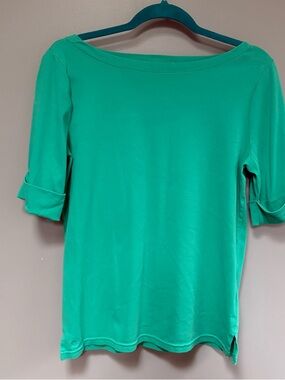 Lauren Ralph Lauren Green Boatneck Cuffed Short-Sleeve Top Size XL Nautical